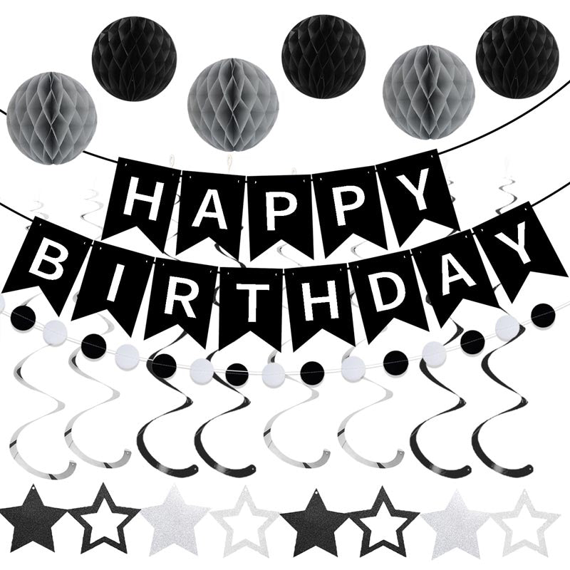 Happy Birthday Bunting Set #6 GREY-BLACK Color Banner with Honeycomb Ball, Stars Hanging Swirl, Circle Dots Garland