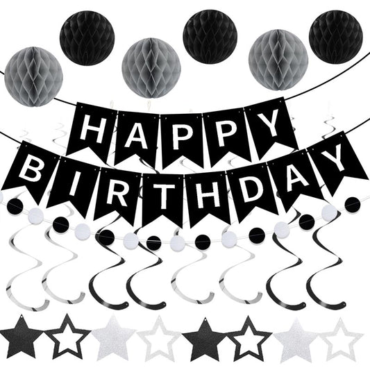 Happy Birthday Bunting Set #6 GREY-BLACK Color Banner with Honeycomb Ball, Stars Hanging Swirl, Circle Dots Garland
