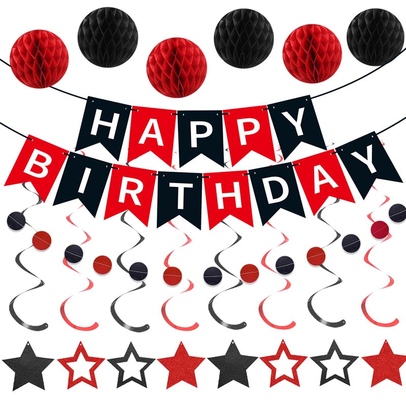 Happy Birthday Bunting Set #7 RED-BLACK Color Banner with Honeycomb Ball, Stars Hanging Swirl, Circle Dots Garland