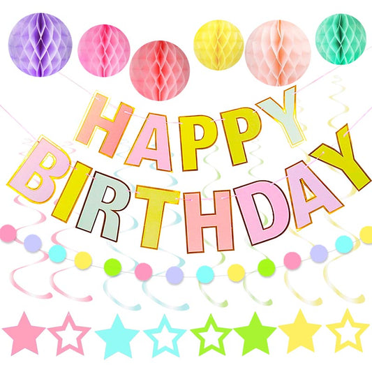 Happy Birthday Bunting Set #9 MIXED Color Colorful Banner with Honeycomb Ball, Stars Hanging Swirl, Circle Dots Garland