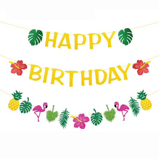 Summer Theme -  Flamingo/ Pineapple/ Leaf Birthday Bunting Garland Letter Birthday Banner Decorations