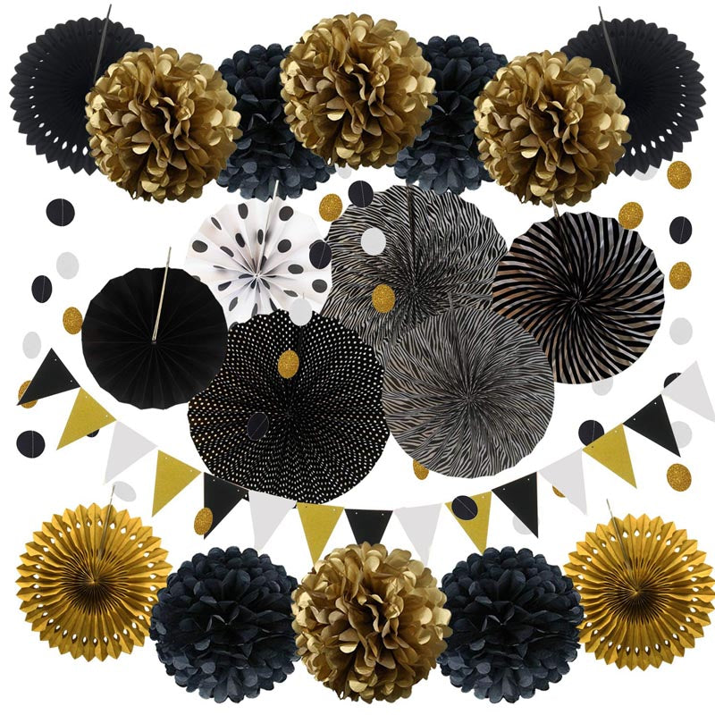 Paper Fans Decoration Set 20Pcs  BLACK+GOLD