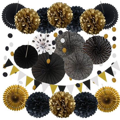 Paper Fans Decoration Set 20Pcs  BLACK+GOLD