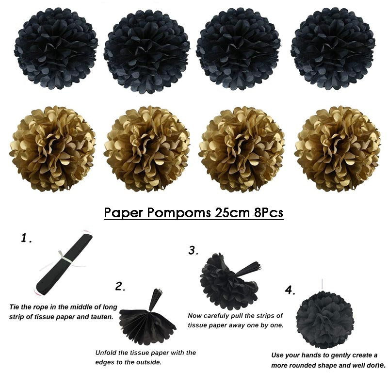 Paper Fans Decoration Set 20Pcs  BLACK+GOLD