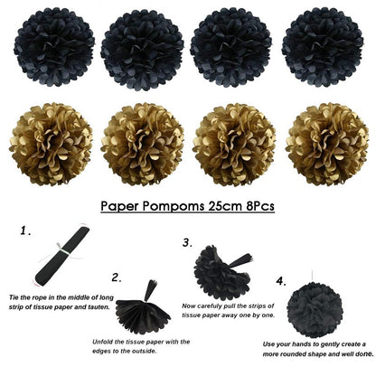 Paper Fans Decoration Set 20Pcs  BLACK+GOLD