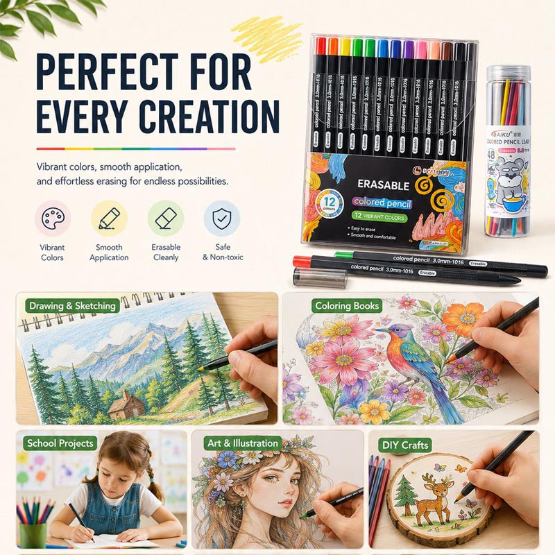 Erasable Colored Pencils Set 12 Colors 3.0mm Pencil Lead (No need to sharpen the pen)