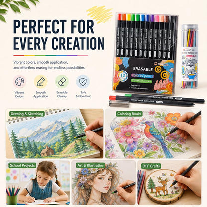 Erasable Colored Pencils Set 12 Colors 3.0mm Pencil Lead (No need to sharpen the pen)