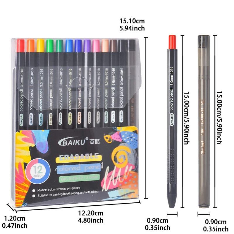Erasable Colored Pencils Set 12 Colors 3.0mm Pencil Lead (No need to sharpen the pen)