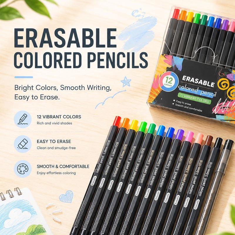 Erasable Colored Pencils Set 12 Colors 3.0mm Pencil Lead (No need to sharpen the pen)