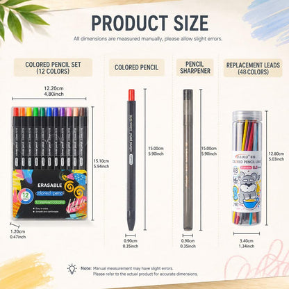 Erasable Colored Pencils Set 12 Colors 3.0mm Pencil Lead (No need to sharpen the pen)
