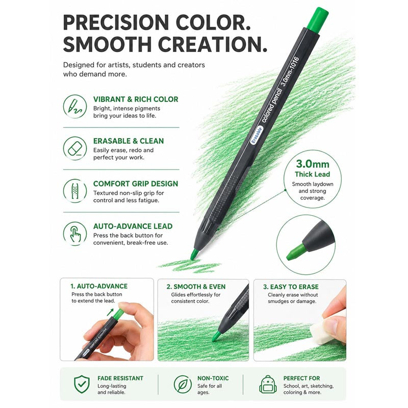 Erasable Colored Pencils Set 12 Colors 3.0mm Pencil Lead (No need to sharpen the pen)