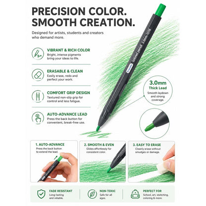Erasable Colored Pencils Set 12 Colors 3.0mm Pencil Lead (No need to sharpen the pen)