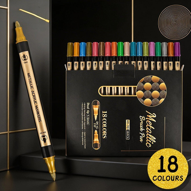 Dual Tip Metallic Brush Pen 1-5mm Acrylic Paint Markers - Professional Paint Pens for Drawing 12/18/30 Colors