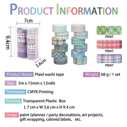 Plaid Washi Tape 15mm*30m 12 Rolls [Multi-colored]