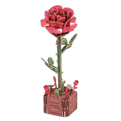 Red Rose 3D Flower Wooden Puzzles DIY Laser-Precise Wooden Flowers Model Kit