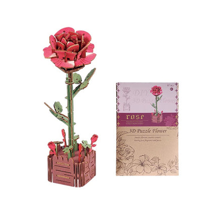 Red Rose 3D Flower Wooden Puzzles DIY Laser-Precise Wooden Flowers Model Kit