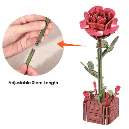 Red Rose 3D Flower Wooden Puzzles DIY Laser-Precise Wooden Flowers Model Kit