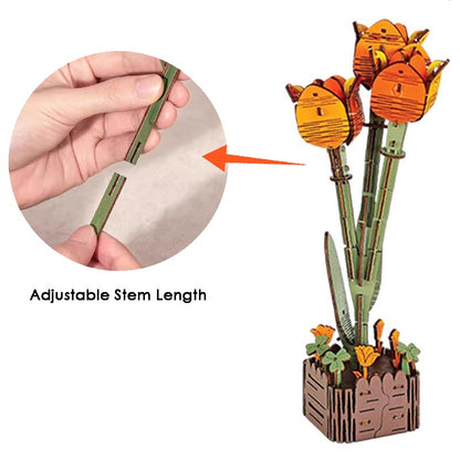 Tulip 3D Flower Wooden Puzzles DIY Laser-Precise Wooden Flowers Model Kit