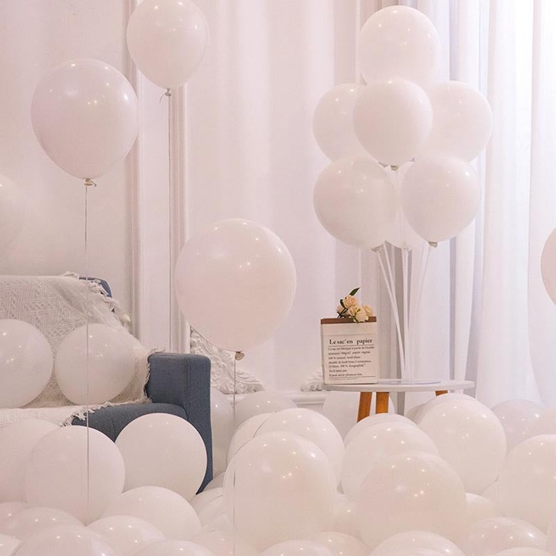 White matte thickened round latex party balloons for birthday, wedding, graduation, baby shower, engagement, anniversary decorations. 
