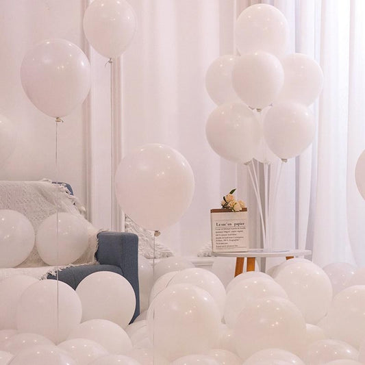 White matte thickened round latex party balloons for birthday, wedding, graduation, baby shower, engagement, anniversary decorations. 