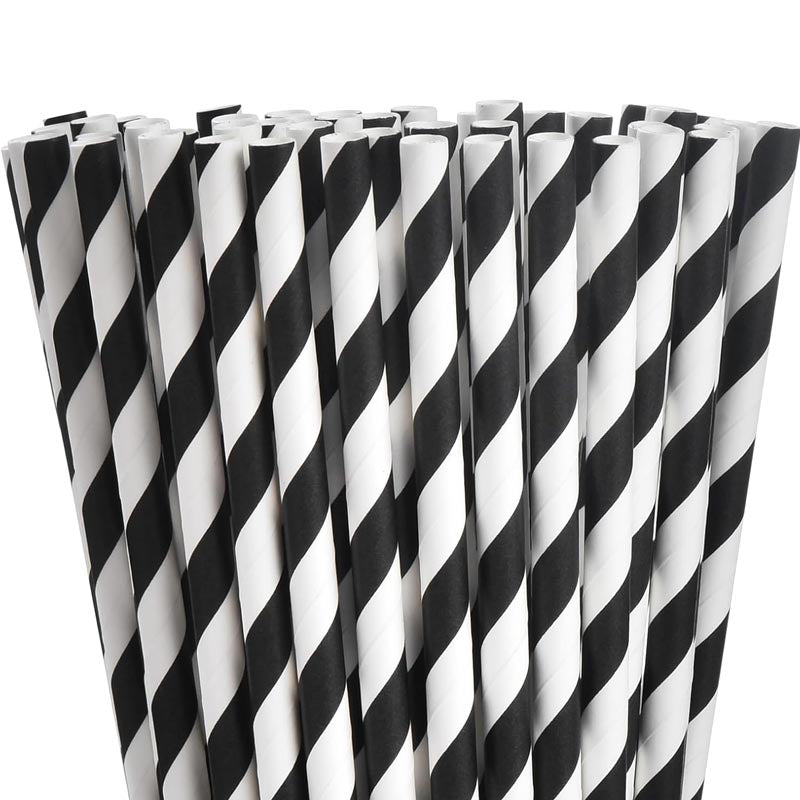Black and white striped biodegradable paper straw for drinks