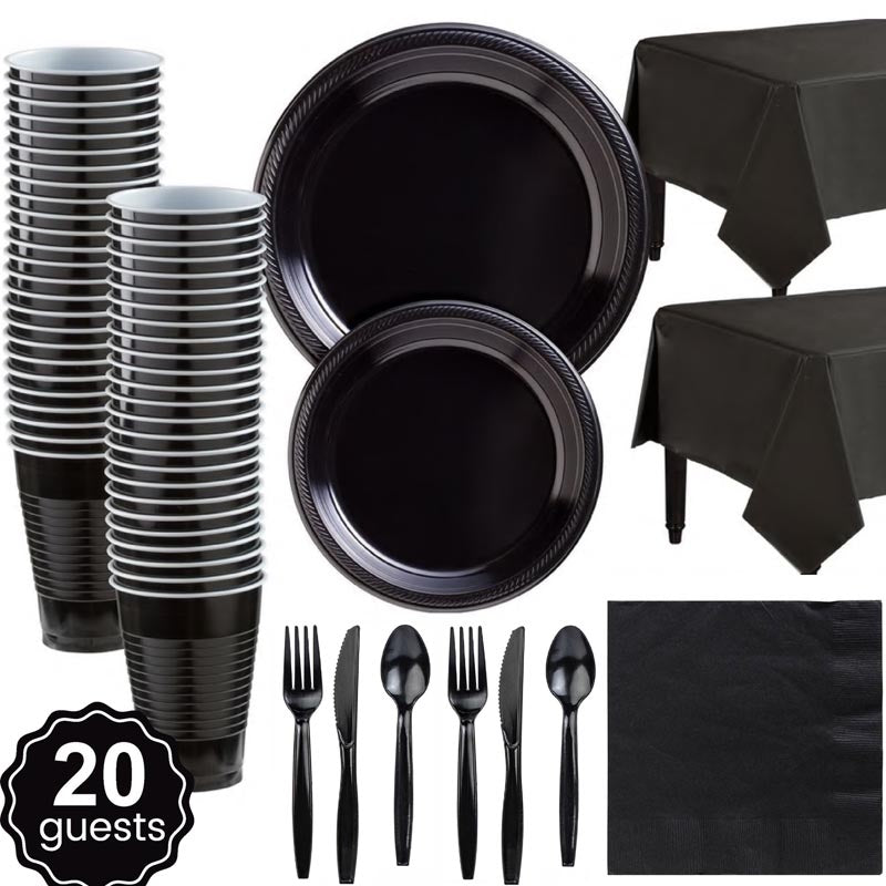 Black plastic party dinnerware set. 7 inch and 9 inch black colored party plastic plates and dessert plates, 16oz cups, cutlery, black tablecloth, napkins for parties, colour theme parties. 
