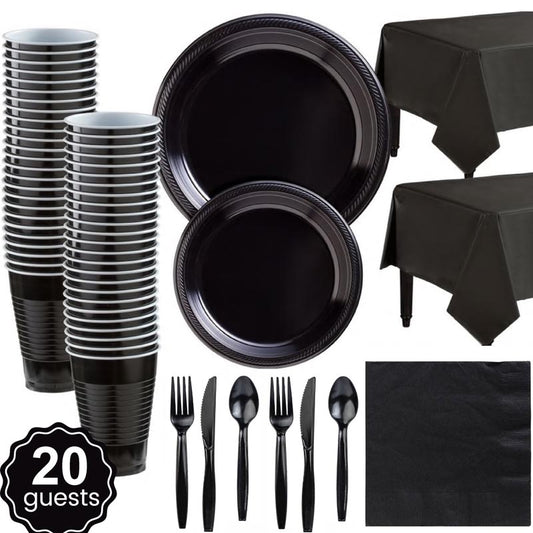 Black plastic party dinnerware set. 7 inch and 9 inch black colored party plastic plates and dessert plates, 16oz cups, cutlery, black tablecloth, napkins for parties, colour theme parties. 