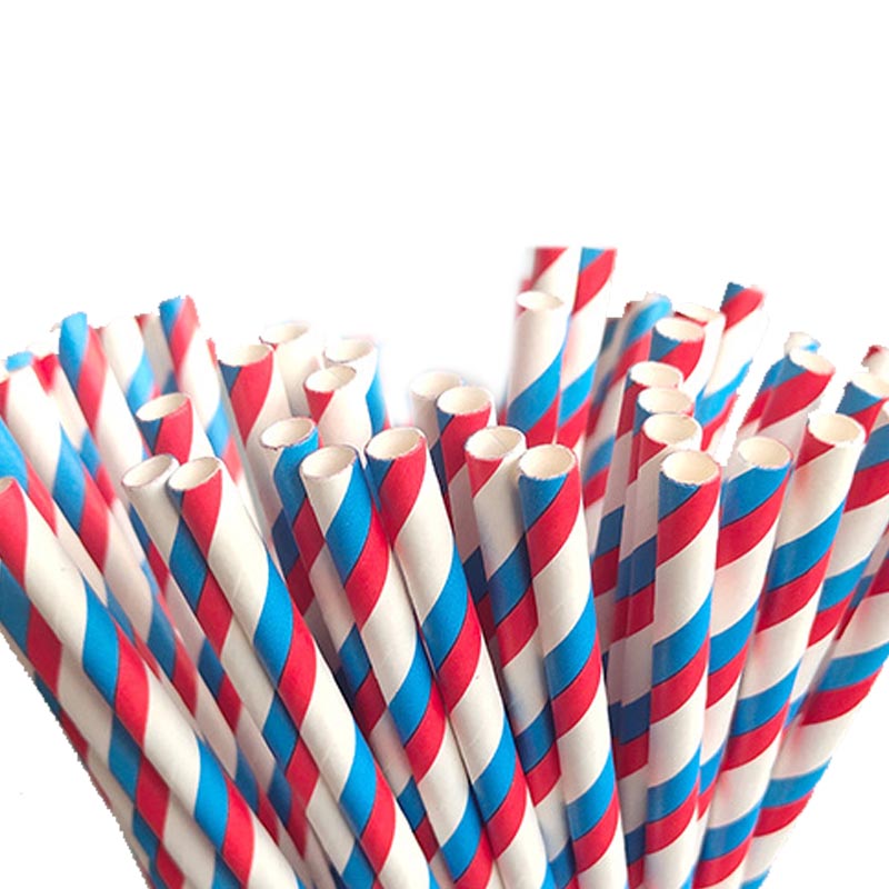 Blue and red striped biodegradable paper straw for drinks