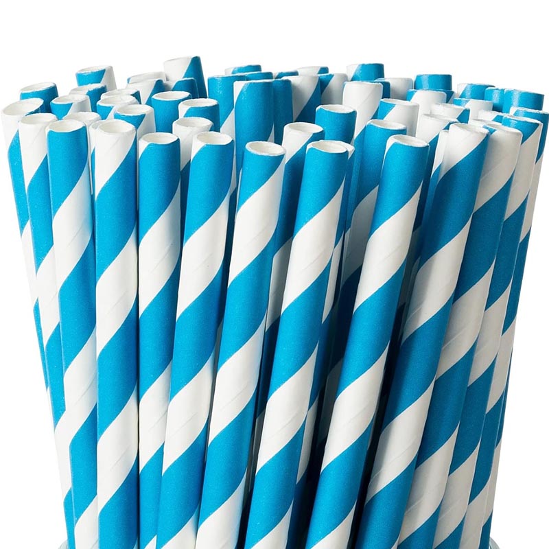 Blue and white striped biodegradable paper straw for drinks