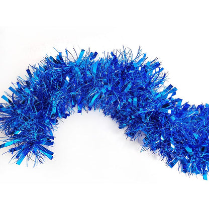 Colorful green, purple, hot pink, silver, blue, red, yellow metallic tinsel garland hanging for decorations, Christmas, birthday, wedding, anniversary, engagement 