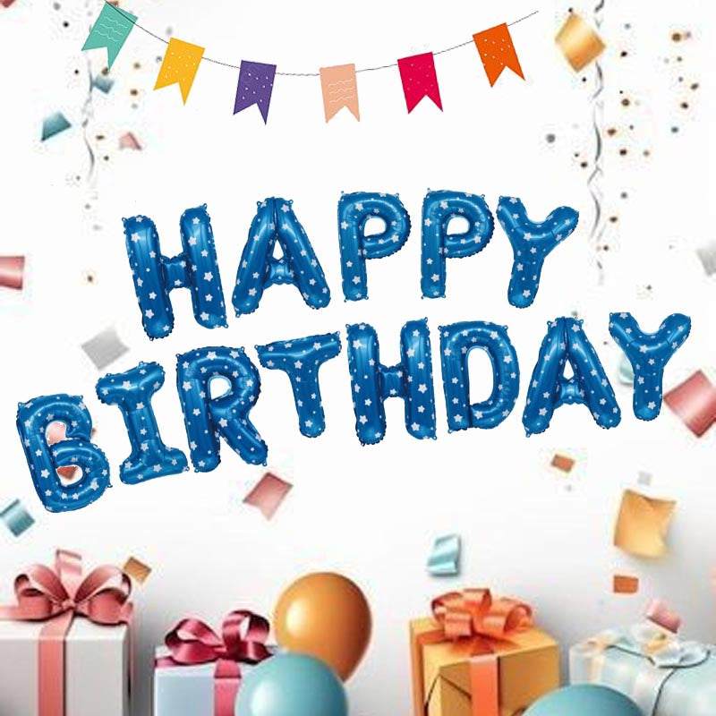 16 Inch Happy Birthday word foil letter balloon bunting banner blue and star color for birthday party, kids, girls, boys, man and woman  
