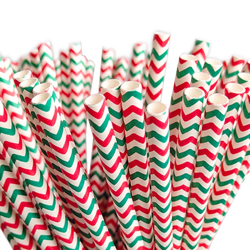 Christmas green and red wave patterned biodegradable paper straw for drinks