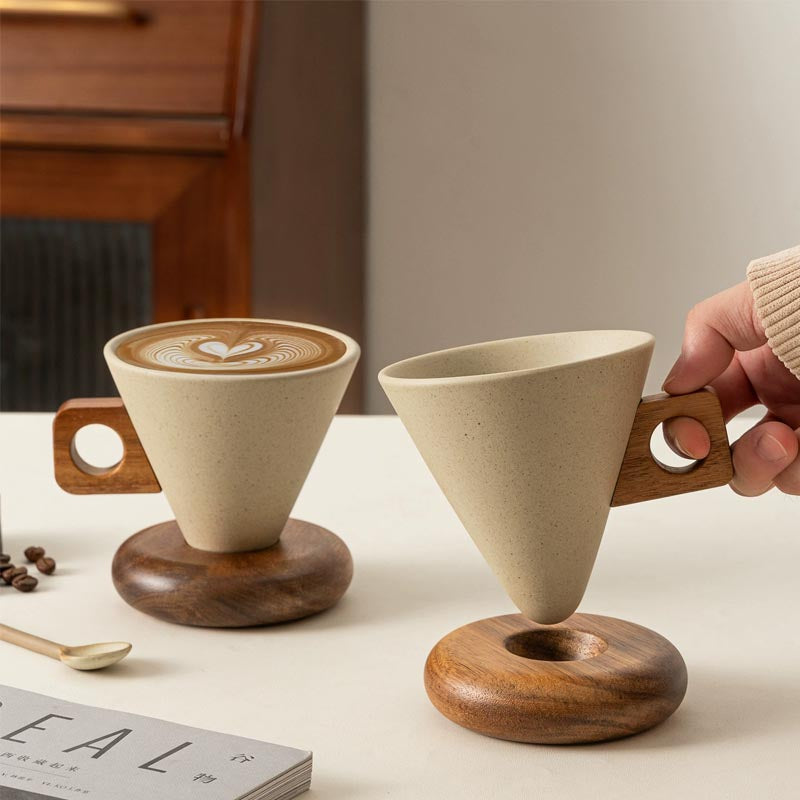 Cone Shape Ceramic Coffee Cup 1 Set 250ml with Wood Handle and Stand