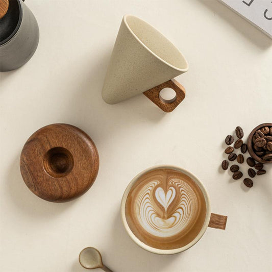 Cone Shape Ceramic Coffee Cup 1 Set 250ml with Wood Handle and Stand