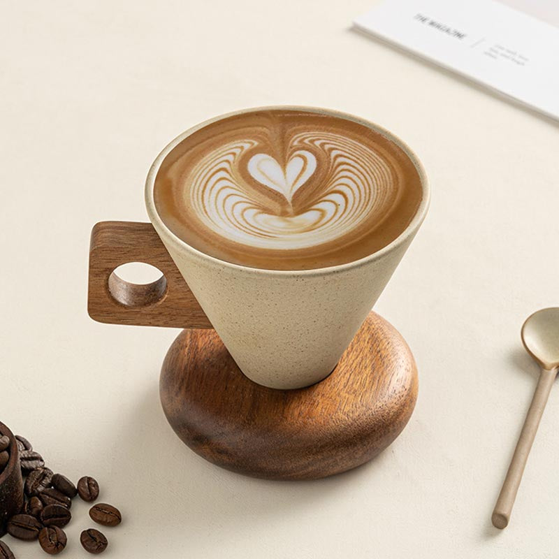 Cone Shape Ceramic Coffee Cup 1 Set 250ml with Wood Handle and Stand