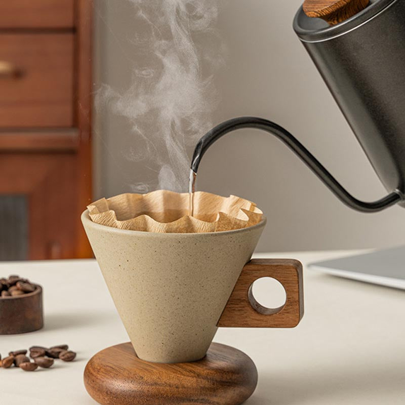 Cone Shape Ceramic Coffee Cup 1 Set 250ml with Wood Handle and Stand