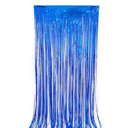 Glossy blue color party backdrop foil fringe curtains, foil tinsel streamers for party decorations, photo booth, wedding, engagement, birthday, baby shower, disco party
