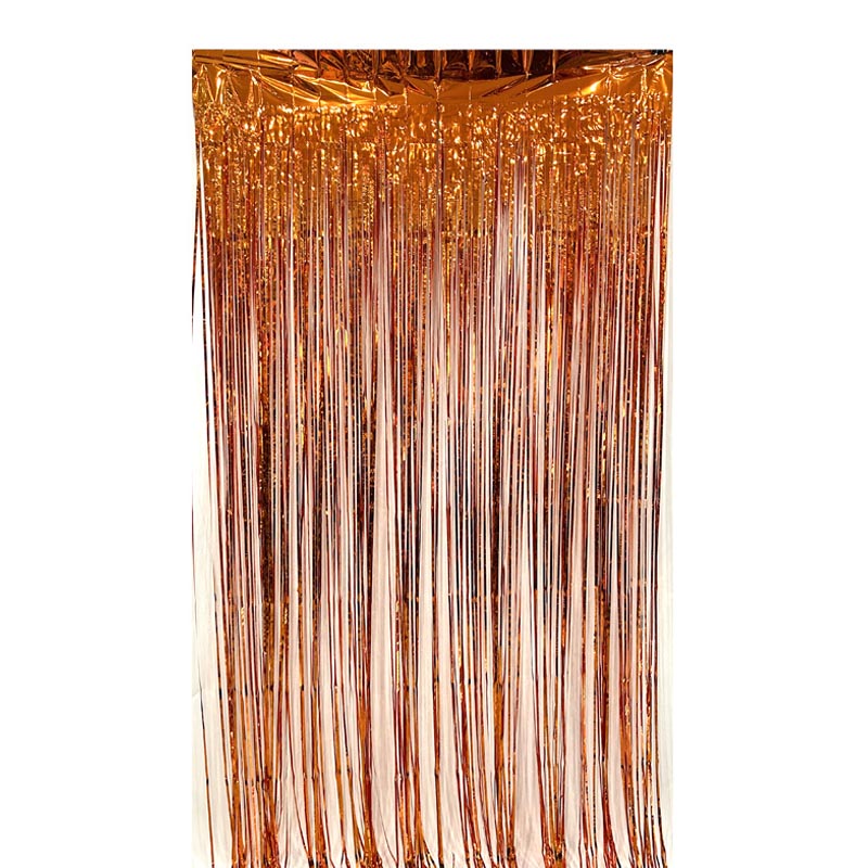 Glossy bronze color party backdrop foil fringe curtains, foil tinsel streamers for party decorations, photo booth, wedding, engagement, birthday, baby shower, disco party