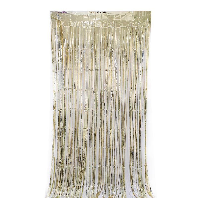Glossy champagne color party backdrop foil fringe curtains, foil tinsel streamers for party decorations, photo booth, wedding, engagement, birthday, baby shower, disco party