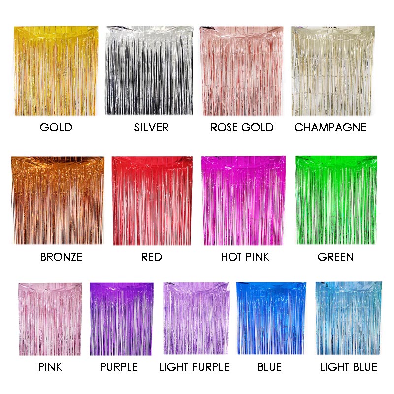 Glossy colored party backdrop foil fringe curtains, foil tinsel streamers for party decorations, photo booth, wedding, engagement, birthday, baby shower, disco party