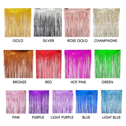 Glossy colored party backdrop foil fringe curtains, foil tinsel streamers for party decorations, photo booth, wedding, engagement, birthday, baby shower, disco party