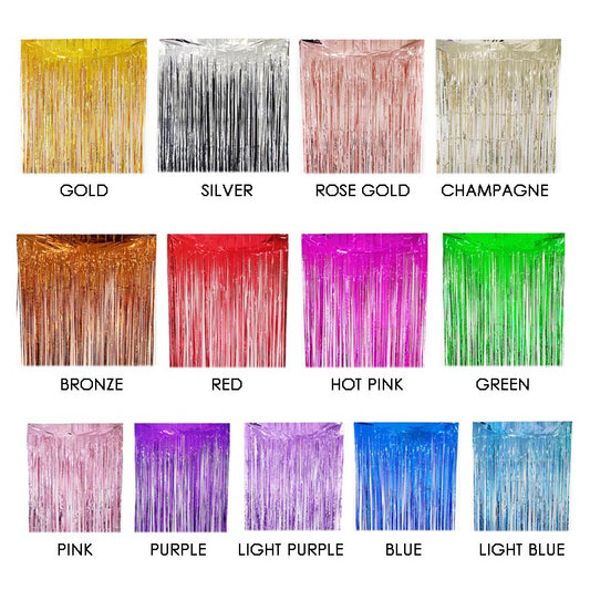 Glossy colored party backdrop foil fringe curtains, foil tinsel streamers for party decorations, photo booth, wedding, engagement, birthday, baby shower, disco party