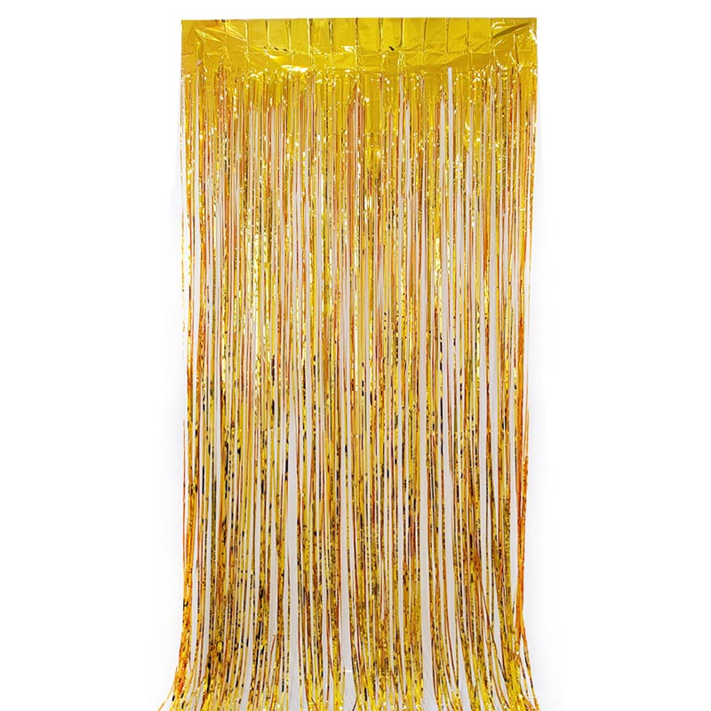 Glossy gold color party backdrop foil fringe curtains, foil tinsel streamers for party decorations, photo booth, wedding, engagement, birthday, baby shower, disco party