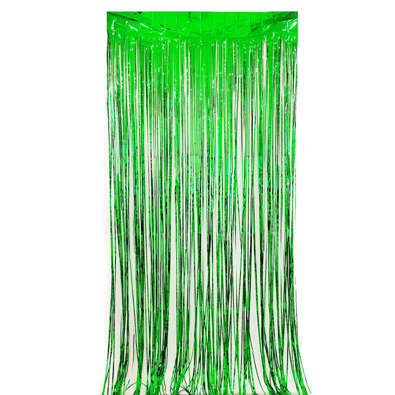 Glossy green color party backdrop foil fringe curtains, foil tinsel streamers for party decorations, photo booth, wedding, engagement, birthday, baby shower, disco party
