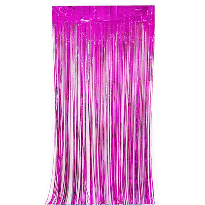 Glossy hot pink color party backdrop foil fringe curtains, foil tinsel streamers for party decorations, photo booth, wedding, engagement, birthday, baby shower, disco party