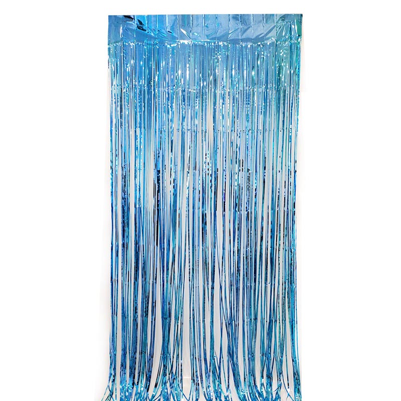 Glossy light blue color party backdrop foil fringe curtains, foil tinsel streamers for party decorations, photo booth, wedding, engagement, birthday, baby shower, disco party