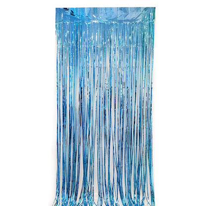 Glossy light blue color party backdrop foil fringe curtains, foil tinsel streamers for party decorations, photo booth, wedding, engagement, birthday, baby shower, disco party
