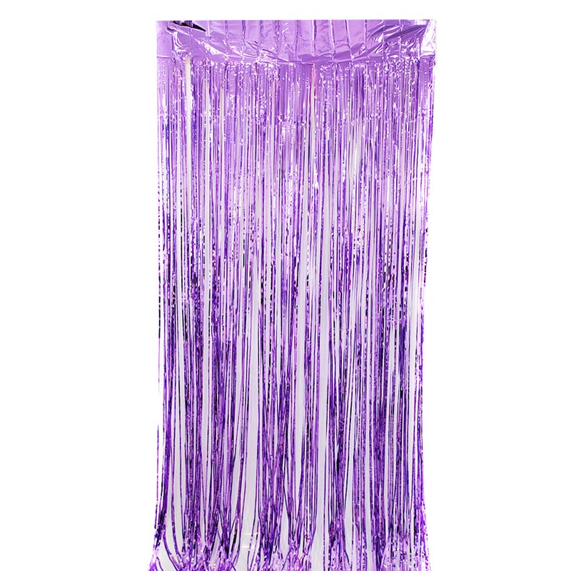 Glossy light purple color party backdrop foil fringe curtains, foil tinsel streamers for party decorations, photo booth, wedding, engagement, birthday, baby shower, disco party