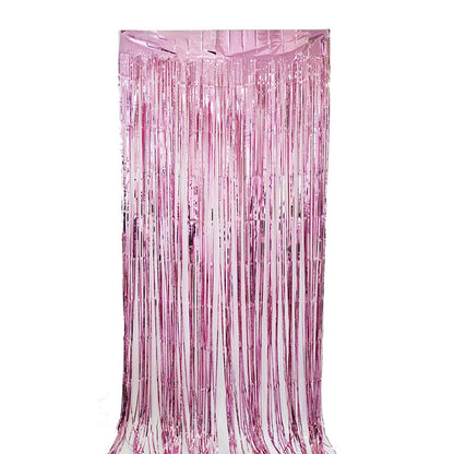 Glossy pink color party backdrop foil fringe curtains, foil tinsel streamers for party decorations, photo booth, wedding, engagement, birthday, baby shower, disco party