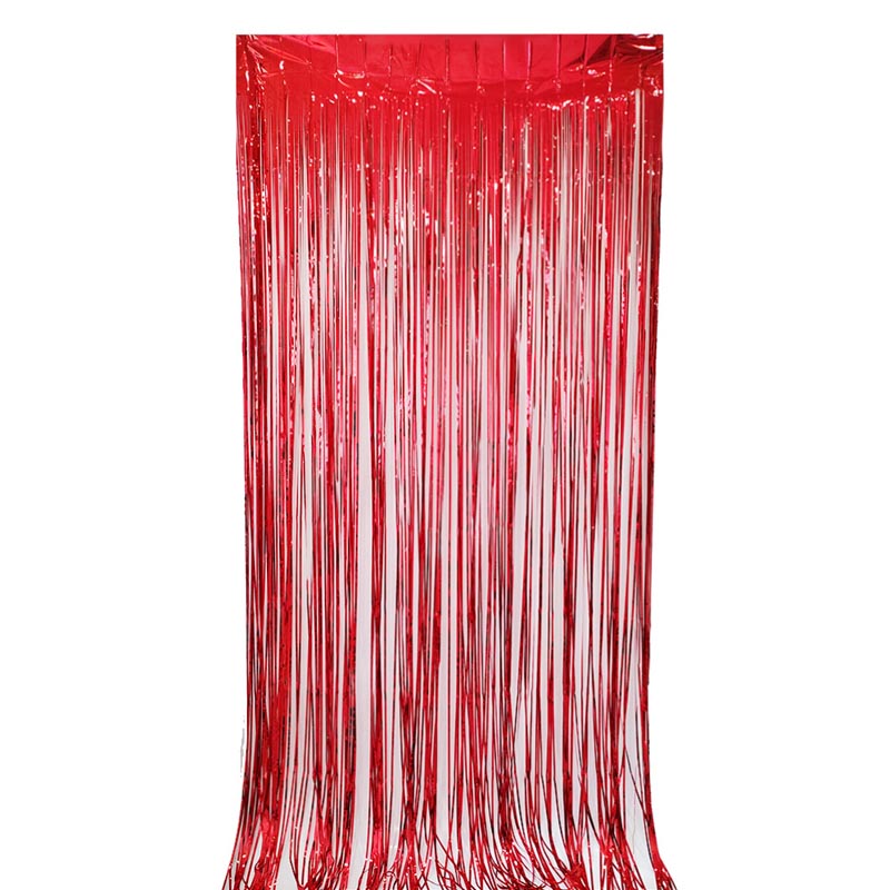 Glossy red color party backdrop foil fringe curtains, foil tinsel streamers for party decorations, photo booth, wedding, engagement, birthday, baby shower, disco party